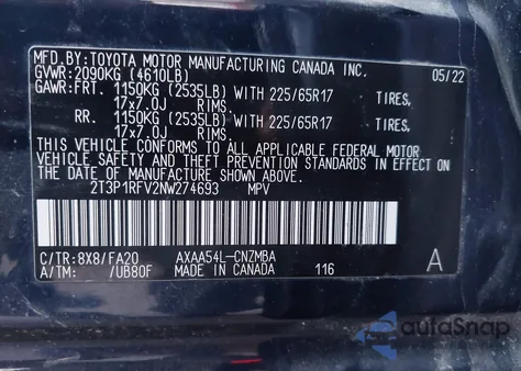 2022 Toyota Rav4 Xle from USA, damaged, VIN 2T3P1RFV2NW274693